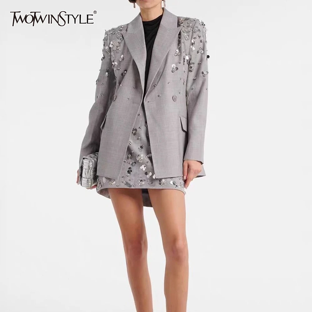 Spliced Bead Two Piece Sets for Women Lapel Long Sleeve Patchwork Single Breasted Top High Waist Skirt Set Female