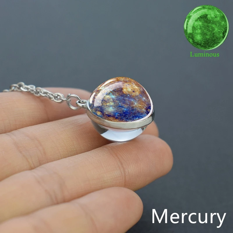 Collana con ciondolo a forma di otto pianeti, con sfera di vetro su entrambi i lati, universo galassia, sistema solare, collana da donna per uomo, Misura unica, Legno