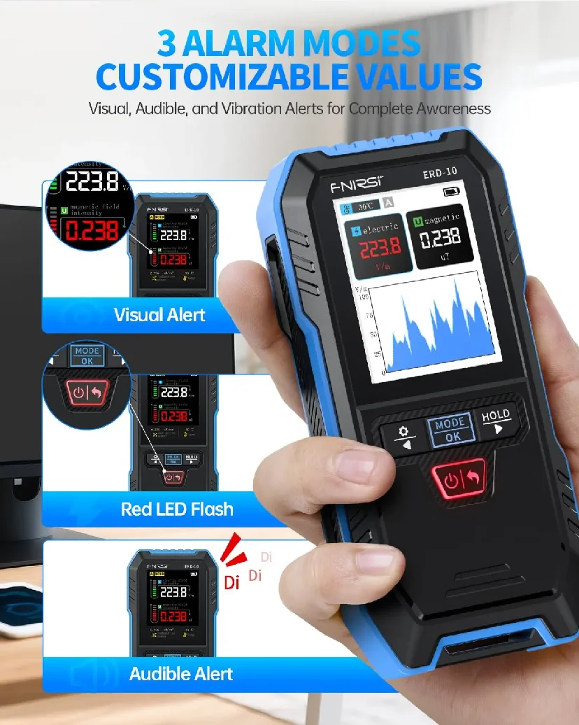 FNIRSI ERD-10 EMF 감지기, 4 in 1 곡선 모드 EMF 방사선 측정기, EMF 리더 전자기장 무선 주파수 감지기