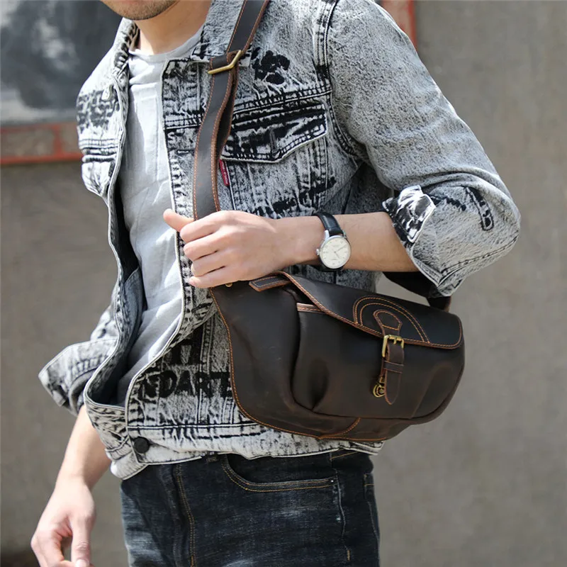 Vintage real leather men's multifunctional chest bag fashion designer natural crazy horse cowhide waist packs crossbody bag