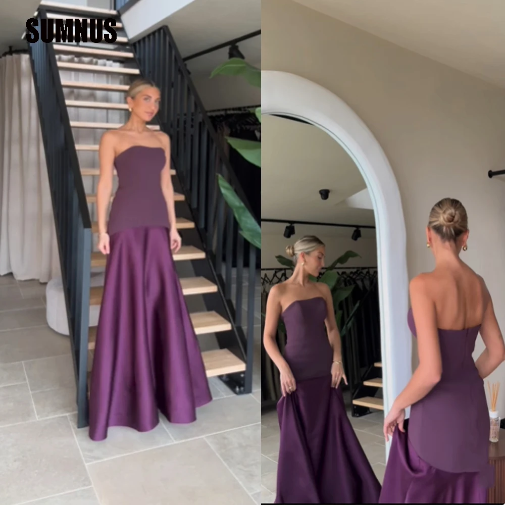 

SUMNUS Sexy Purple Evening Dresses Sleeveless Prom Dress Strapless Floor Length Pleated Formal Party Dresses vestidos de fiesta