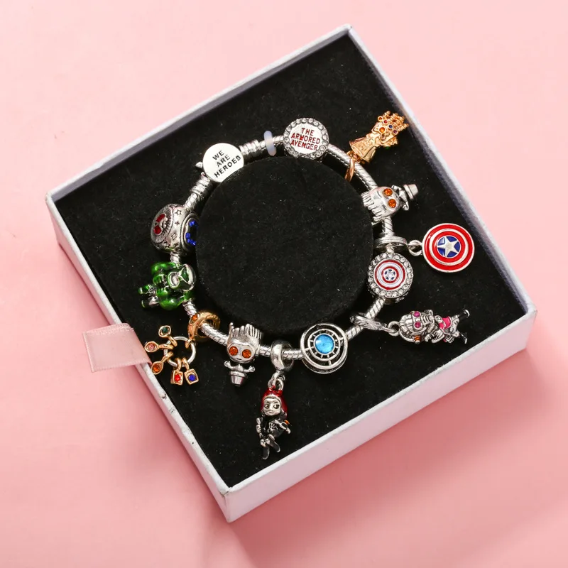 

Disney Avengers Charms Bracelet Iron Man Hulk Groot Superhero Beads DIY Jewelry For Women Marvel Captain America's Shield Dangle