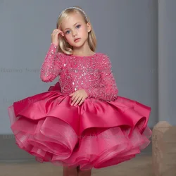 Fuchsia Glitter Flower Girl Dress Sparkling Long Sleeves Scoop Neck Ruffles Puff Birthday Party Gown Toddler Pageant