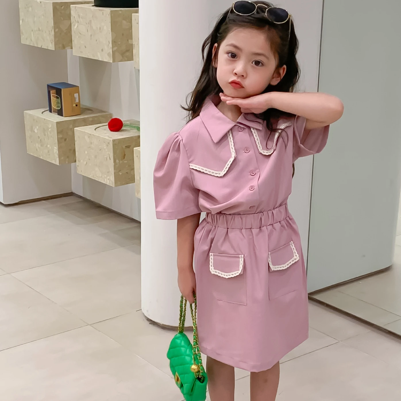 

2023 Summer New Girls' Short-sleeved Suit + Skirt 2-piece Suit
