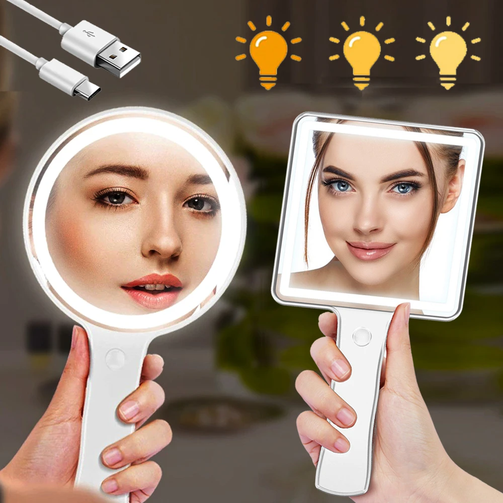 USB Makeup Mirror With Led Light Compact Hand Mirrors With Handle Vanity Round Portable Travel
