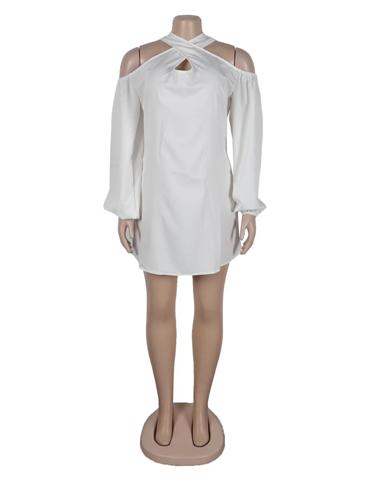 Wmstar Women Solid Color Hollow Off-shoulder Cross-over Long Sleeve Mid-wais Collar Short Party Dress Wholesale Dropshipping