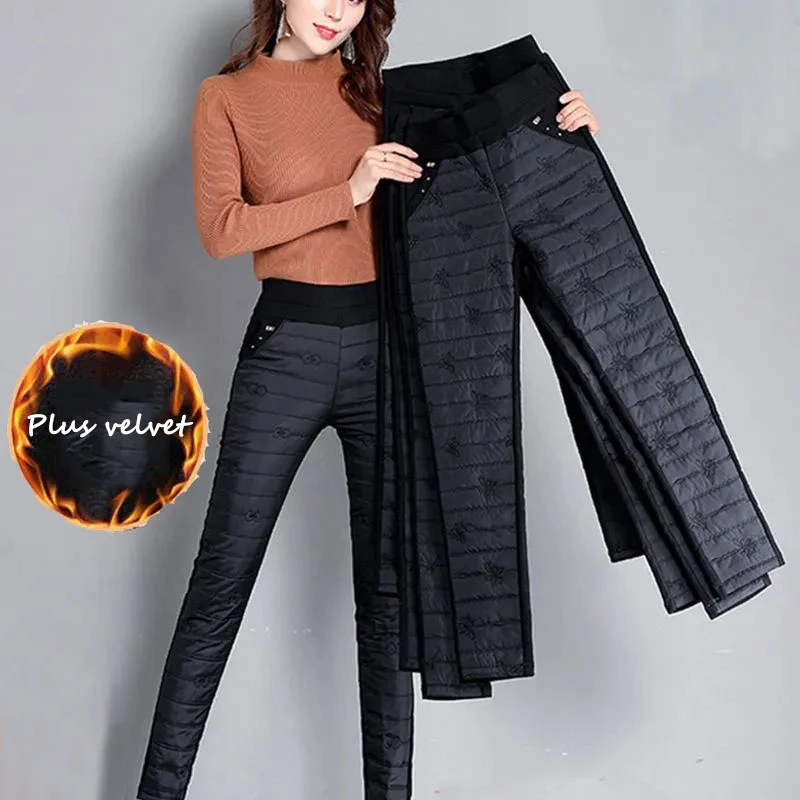 Winter Thick High Waist Embroidery Trousers Women Fashion Down Warm
