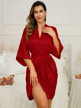 بيجامات حريرية مقلدة مثيرة ، كارديجين فضفاض بسيط ، روب حمام بأربطة ، ملابس منزلية رفيعة غير رسمية ، للربيع والصيف 3