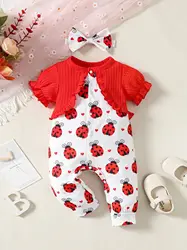 0-2 Year newborn  baby Girl Summer round neck short sleeved Beetle peach heart printed jumpsuit