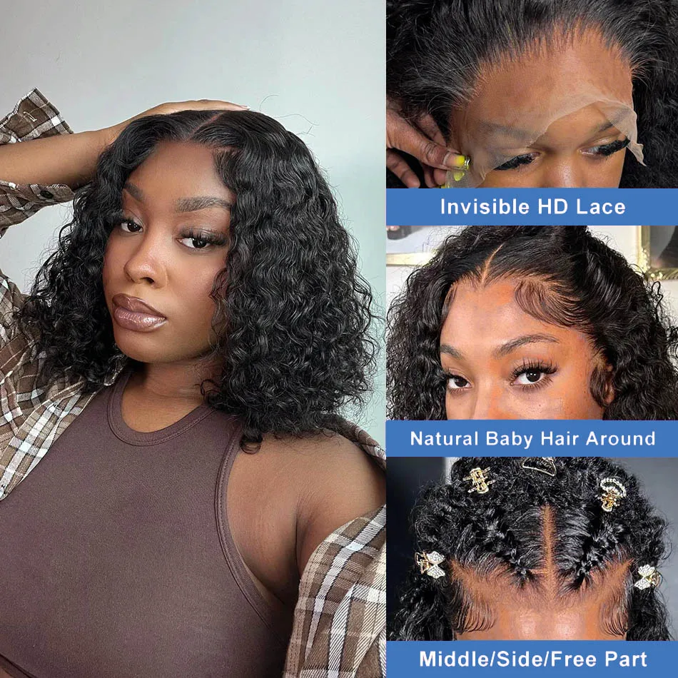13X4 Lace Front Wig Short Bob Wig Deep Water Wave 13X4 Transparent Lace Frontal Human Hair Curly Wigs 4x4 Closure for Women