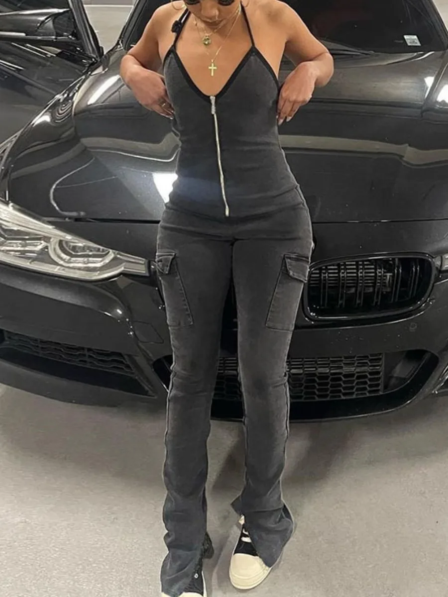 

LW sexy jumpsuit Bandage Design Side Pocket Backless Skinny Jumpsuit women club party slim wear high street casual jumpsuits
