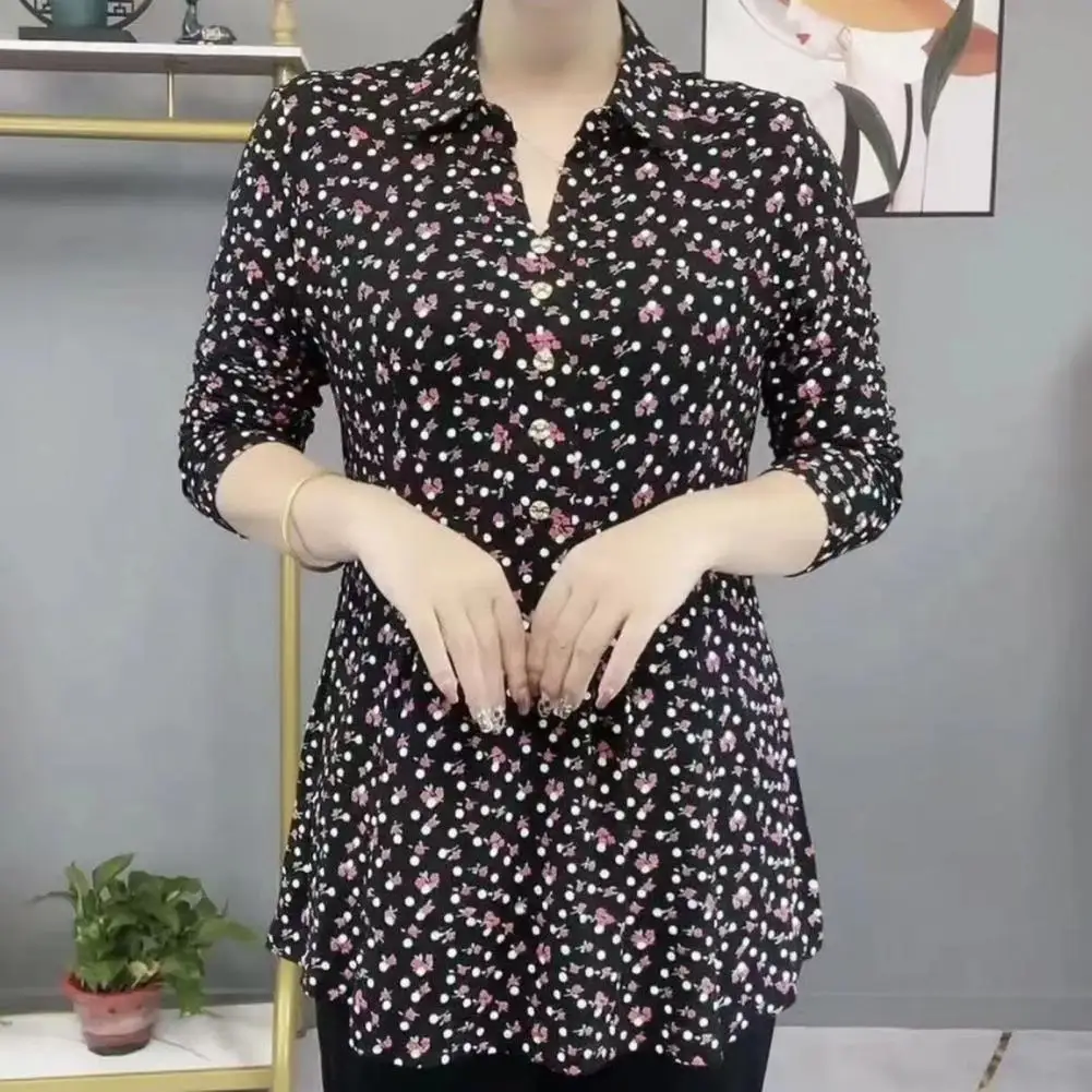 

Women Pullover Tops Lapel V-neck Buttons Half Placket Long Sleeve Shirt Floral Print Mid-aged Mom Shirt Mothers Bottoming Blouse