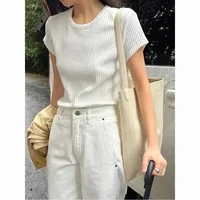 FA602 2024 Summer New Women's Round Neck Texture Pit Striped T-shirt Lazy and Slim Leisure Versatile Top 1