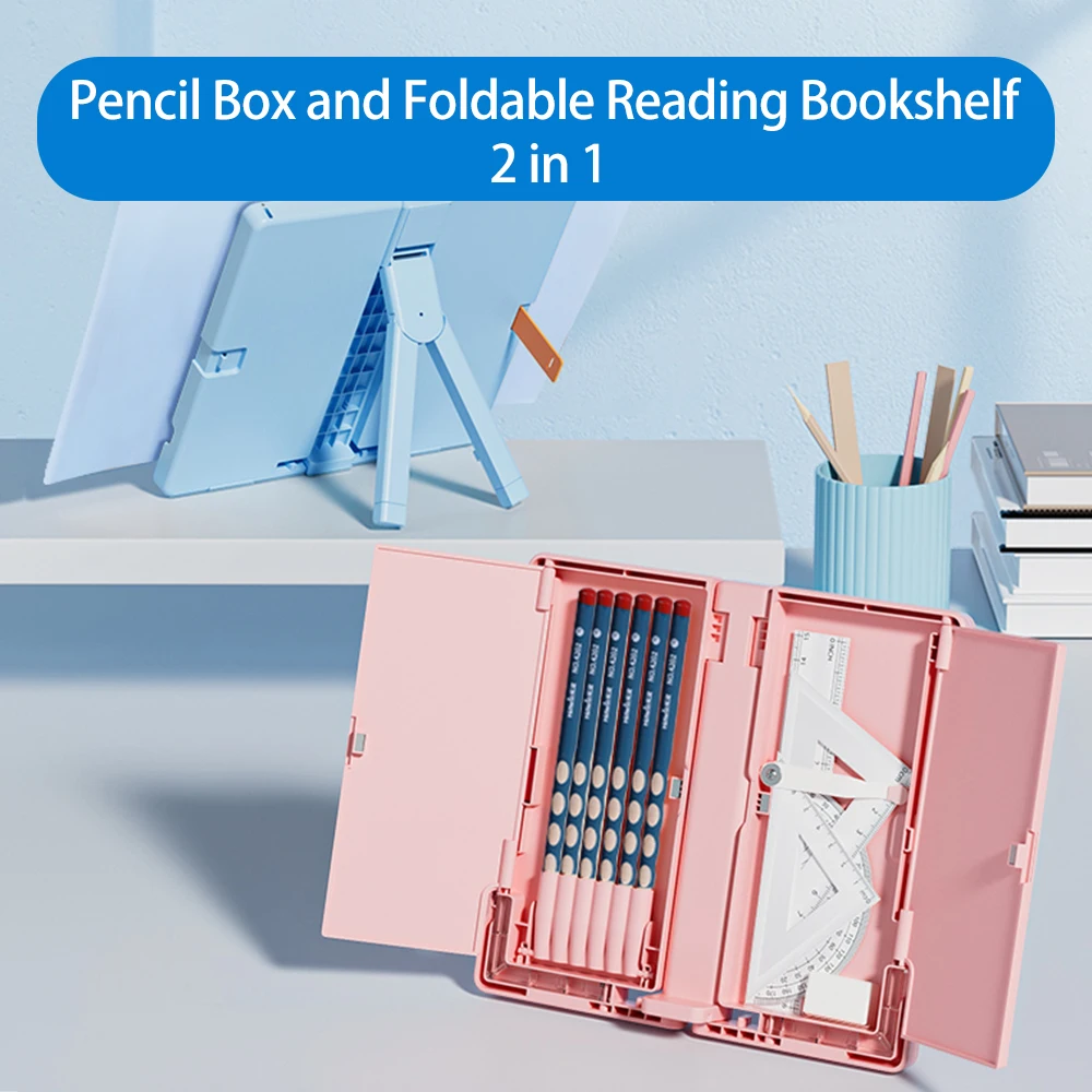 tenwin 2in1 Multi-function Pencil Box & Foldable Reading Bookshelf Dual Layers Pen Case Portable for Girls Office Student