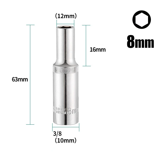 

1PC 3/8inch Deep Socket Adapter Hex Nut Socket Pneumatic Wrench Head Impact Driver High Torque Spanner Ratchet Tool 8-24mm