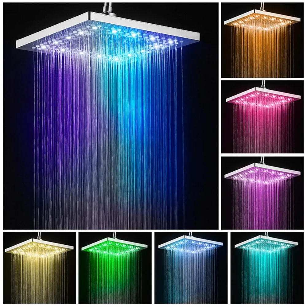 

Bath Shower Head Square Faucet LED Stainless Steel Shower Rainfall Rain Shower Head High Pressure Rainshower Self-Discoloring