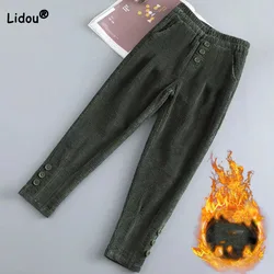 Autumn Winter Fashion Button Spliced Vintage Elastic Waist Pants Solid Color All-match Thick Casual Trousers Women's Clothing