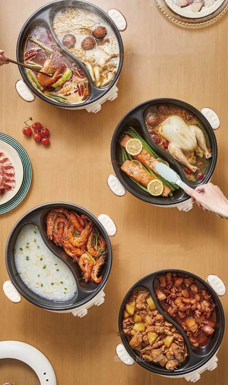 220V Yuanyang Electric Hot Pot Home Large Capacity 2 Gear Adjust Electric Wok Double Soup Pot Electric Cook Pot 4~5 People 6L 2