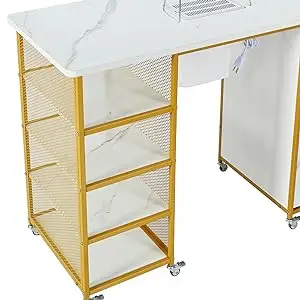 Manicure Table with Marbling Texture Tabletop, Electric Downdraft Vent and Wrist Cushion