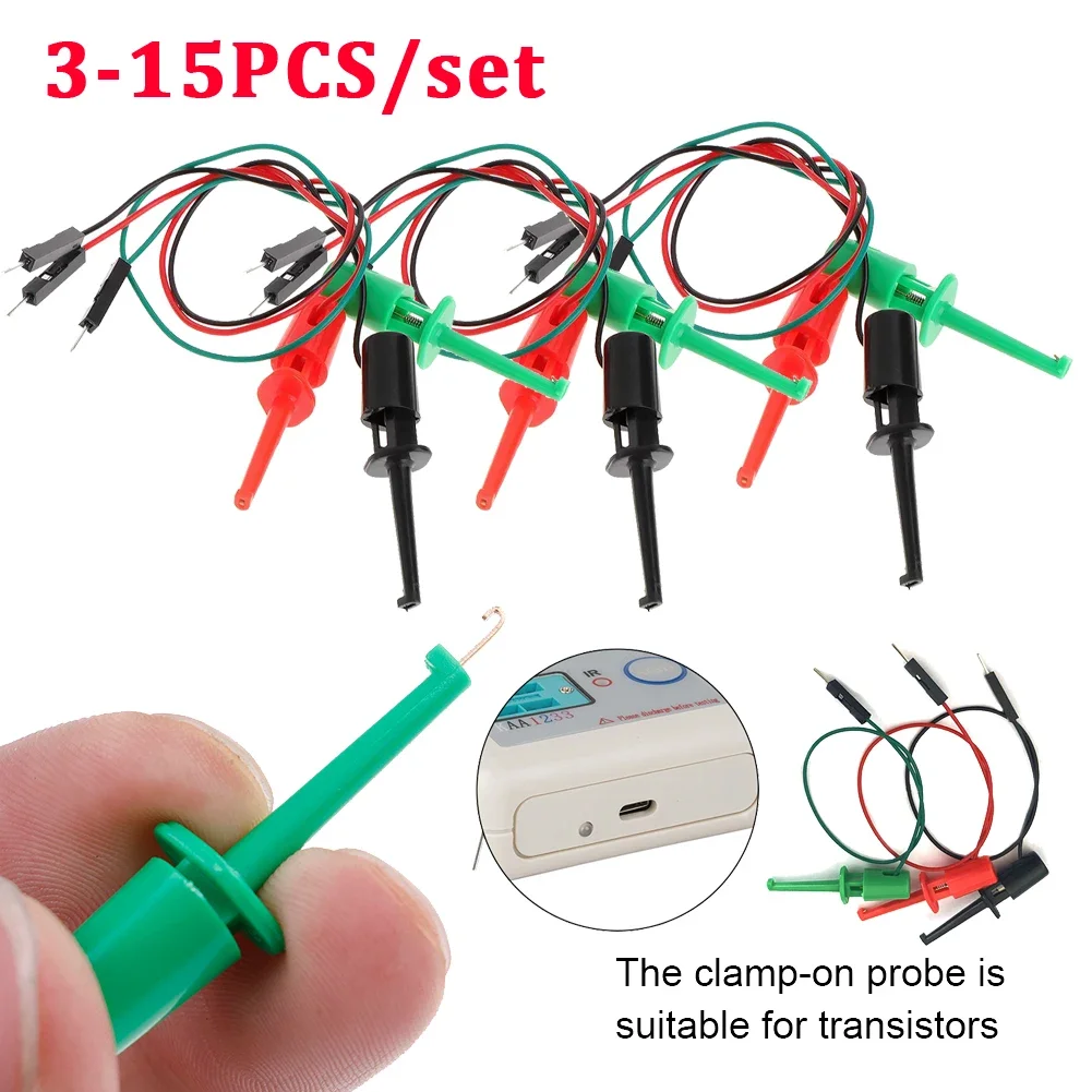 

3-15pcs Electrical Test Hook Clip Instrumentation Transistor Tester Hook Type Test Clip Probes Kit with Male Head DuPont Line