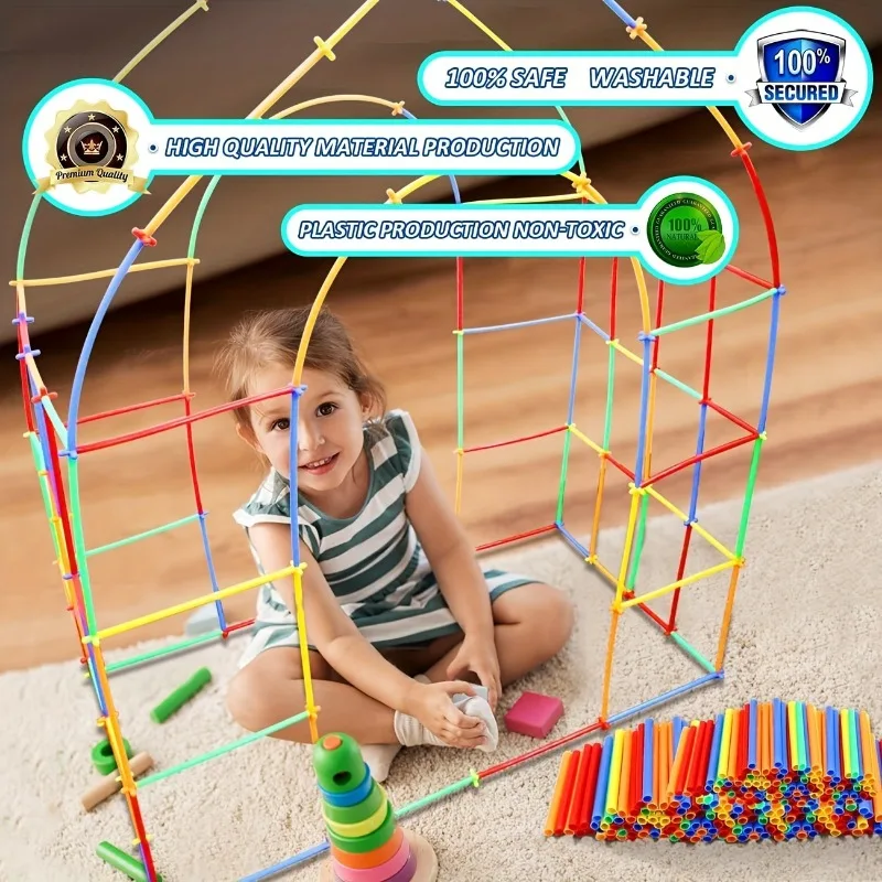 Straw Constructor Toys 100pcs STEM Building Toys Interlocking Plastic Thin Tube Building Blocks Educational Toy Boy and Girl
