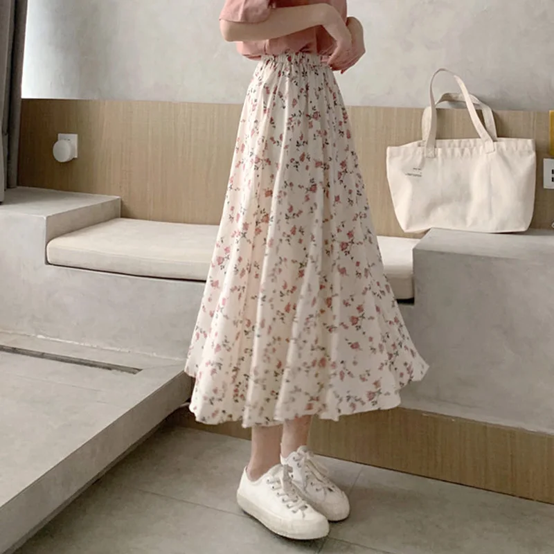 

Vintage Floral Print A-line Pleated Long Skirts Summer Women Korean Skirt Streetwear Elastic Waist Midi Skirt