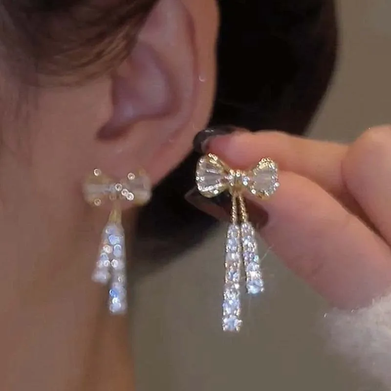 Zircon Bow Earrings Acrylic Crystal Tassel Earrings For Women Fashion Party Jewelry Trendy Accessories Gifts