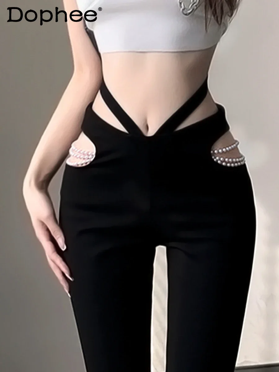 Stretch Slim Bell-Bottoms Hot Girl Pearl Chain Black Pants 2023 Spring Autumn V-Shaped High Waist Sexy Hollow Casual Pants Women