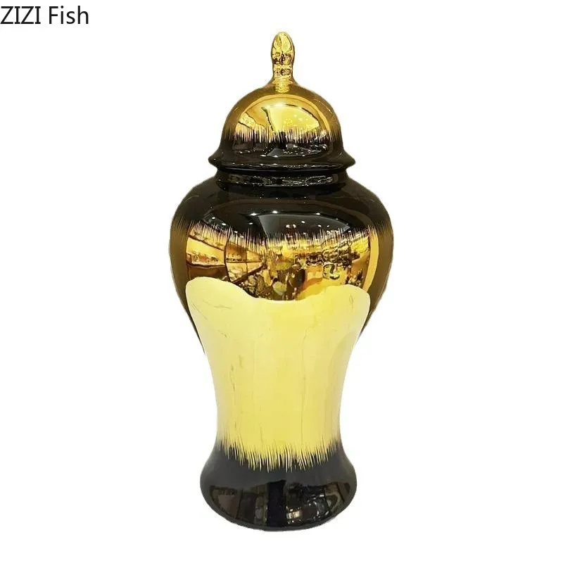 Black Gold Gradient Color General Tank Golden Porcelain Ginger Jar Creative Vases Dresser Table Jewelry Cosmetic Container 6