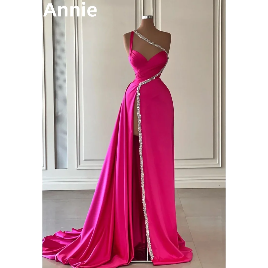 

Annie Hot Pink Mermaid Evening Dresses Sexy Beads Glitter Satin Prom Dresses 2024 Vestidos De Noche Bride Wedding Party Dress