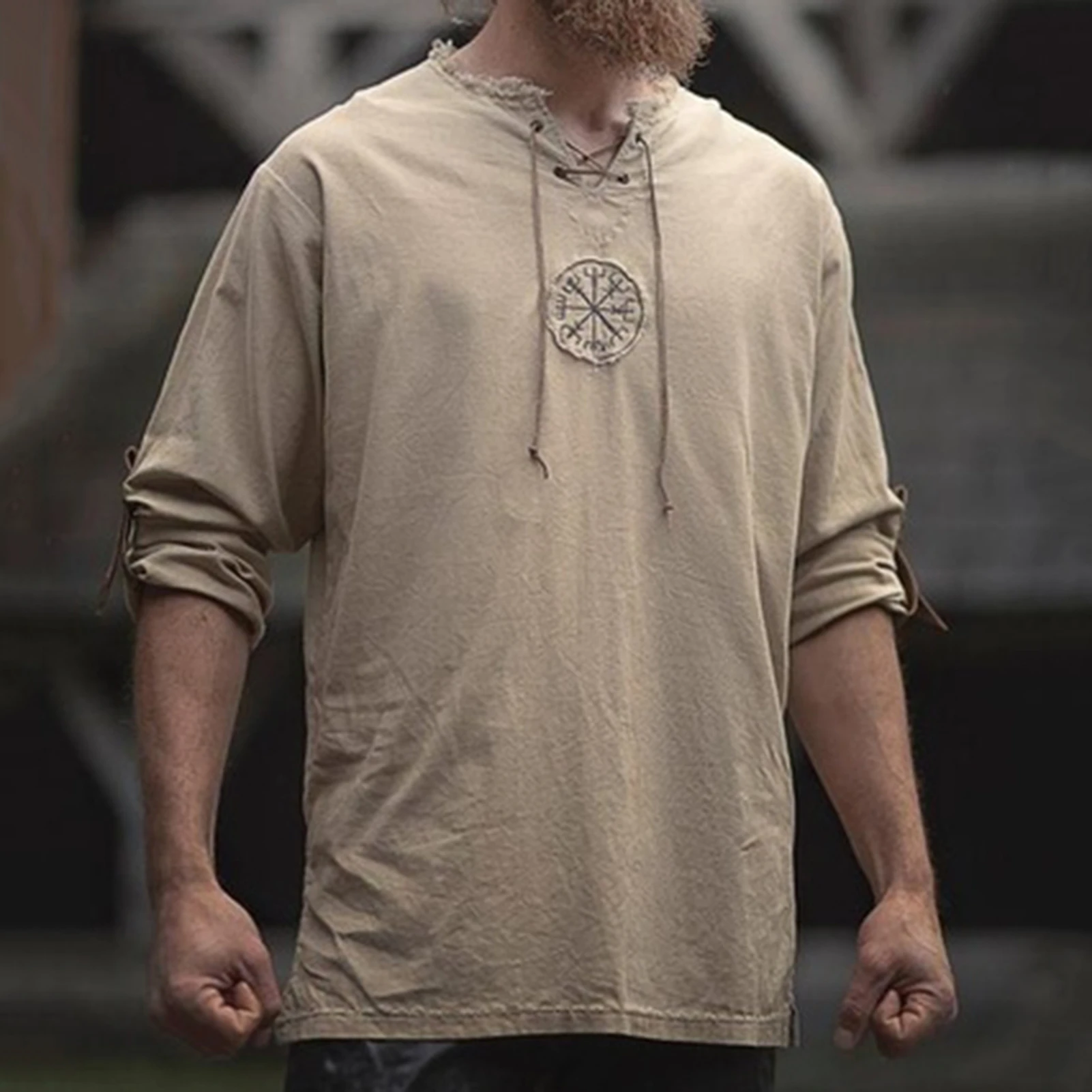 Men T-shirts Unique Design Vintage Linen Tops Ancient Viking Embroidery  Lace Up V Neck Long Sleeve T-shirt Top Футболка Оверсайз - T-shirts -  AliExpress