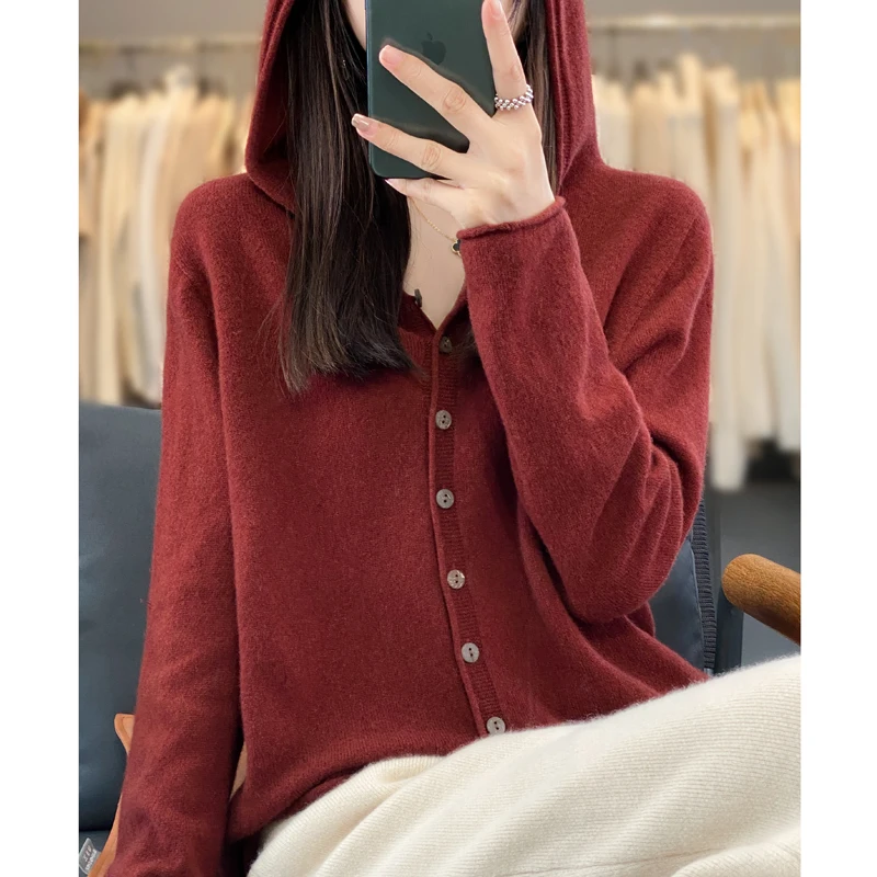 Hooded Cashmere Cardigan 100% Merino Wool Women's Hooded Sweater Cardigan Solid Color Warm Loose Knit Top 6