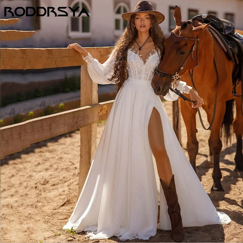 

RODDRSYA Romantic Long Puffy Sleeves Wedding Dresses Lace-Up Back A-line Pleated Vestido De Noiva Sexy High Split With Train