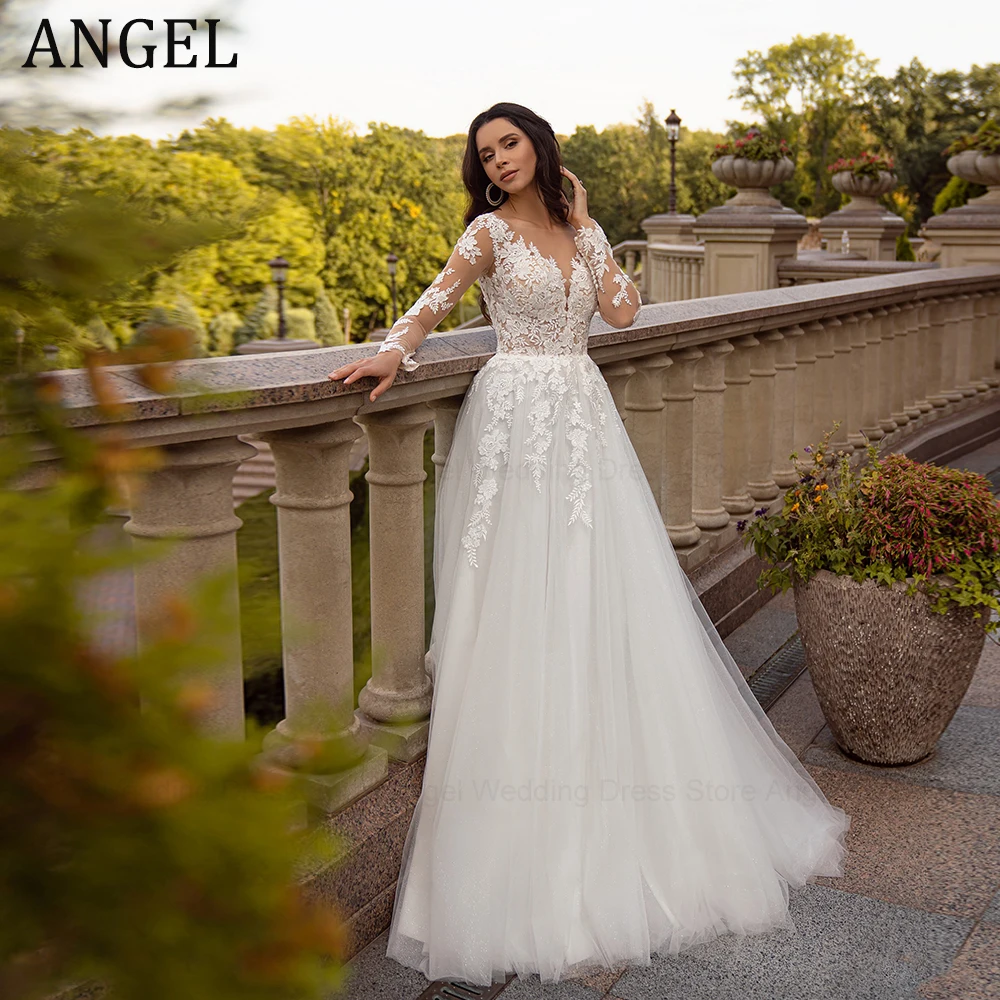 

ANGEL Boho O-Neck Lace Wedding Dress For Bride A-Line Long Sleeves With Button Applique 2024 Bride Gowns Vestidos De Novia