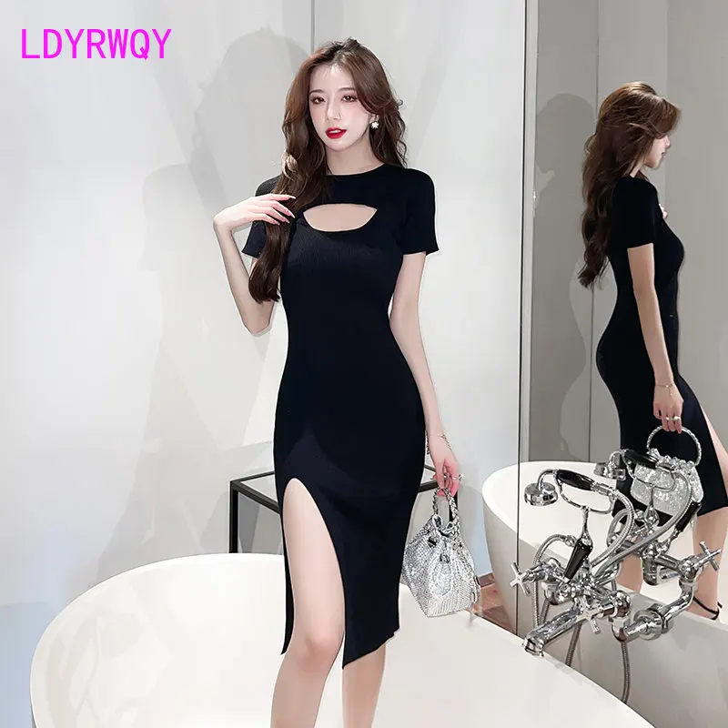 

New 2023 Spring/Summer Korean Edition Chest Hollow Multi Color Vintage Tight Split Wrap Hip Knit Dress