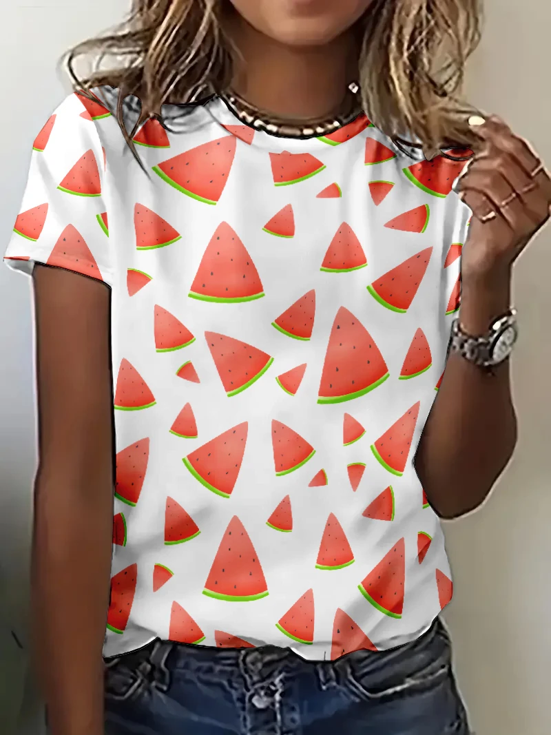 2024 New Summer T Shirts Casual Fashion Party Sweet Watermelon Print Women T shirt Cute Short Sleeve Round Neck Tees Shirts Tops