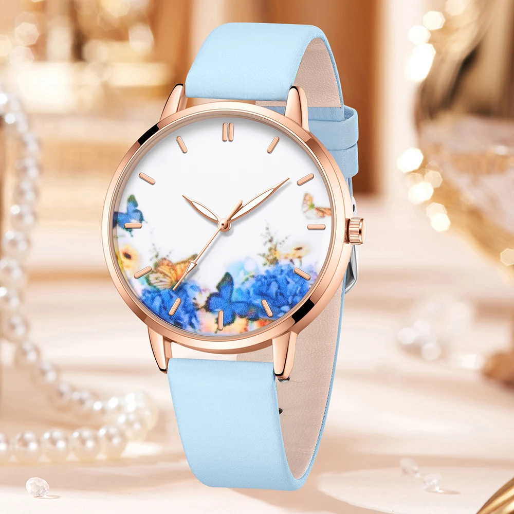 elegant Blue Five Piece Round Head Watch Quartz Watch Blue Love Alloy Accessory Set Women's Watch Accessory Set 2