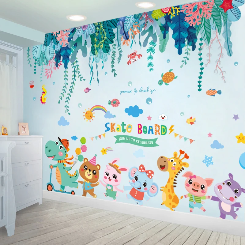 

[SHIJUEHEZI] Dinosaur Animals Wall Stickers DIY Seagrass Fish Wall Decals for Kids Rooms Baby Bedroom Bathroom Home Decoration