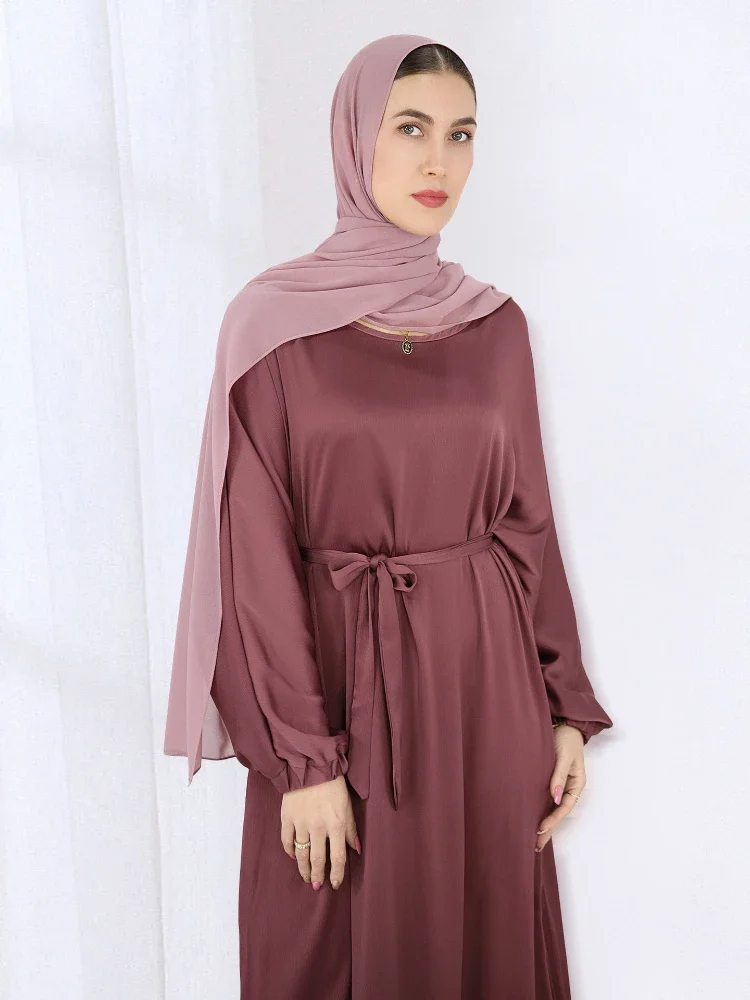 Eid Satin Abaya Dubai Muslim Long Dresses for Women Plain Abayas Luxury Belted Modest Party Dress Islamic Turkey Hijab Kaftan