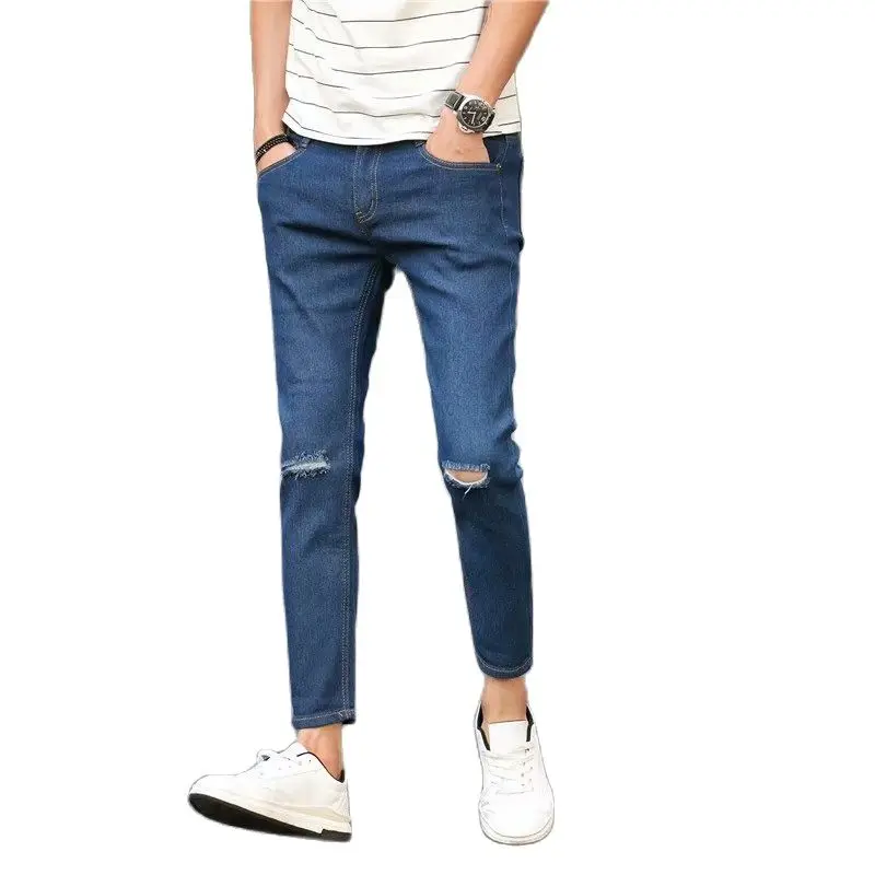 Summer 2022 Fashion Brand Dark Blue Men's New Ripped Jeans Feet Korean Trendy Youth Cut Hole Casual Pencil Pants