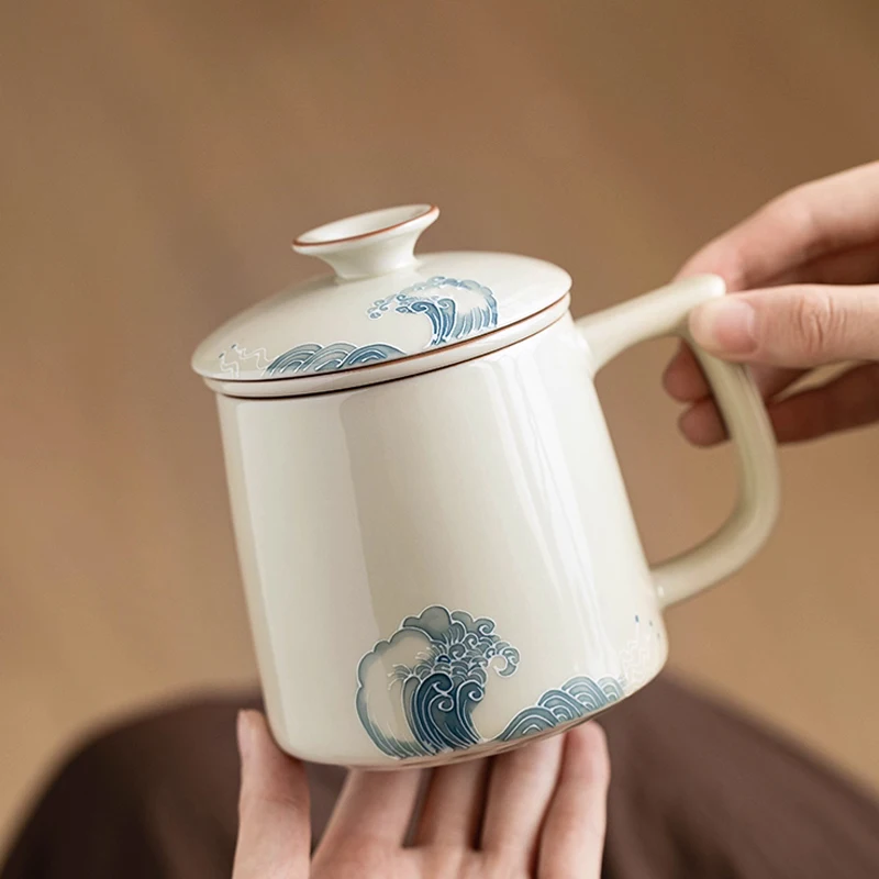 Chinese Style Ceramic Mugs, Home Personal Office Creative Teacup With Cover, Filtered Tea Water Separation, Tea Cups, 350ml, 1Pc