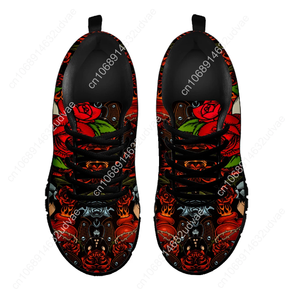 3D Rose Skull Casual Sneakers For Women Sunflower Skull Walking Shoes Flower Print Breathable Tennis Shoes Zapatos