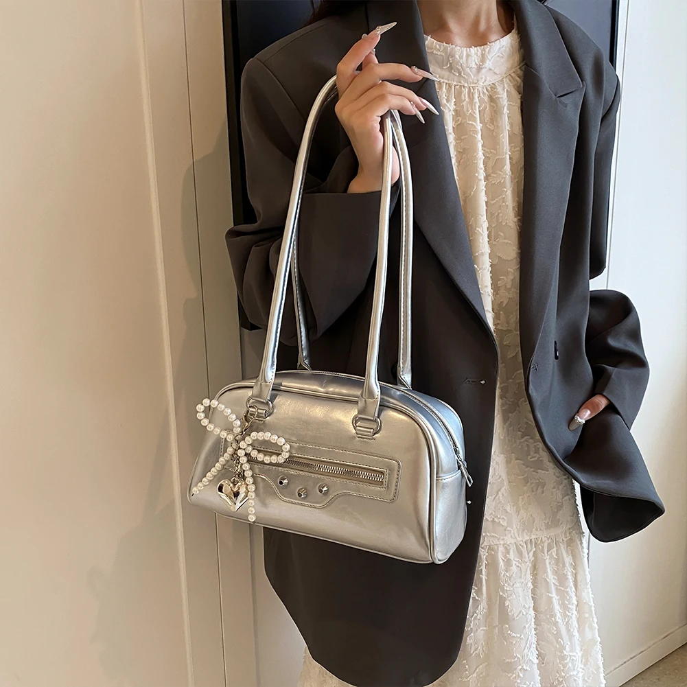 Elegant PU Leather Underarm Bags For Women 2024 Fashion Retro y2k Bow Pearl Shoulder Bag Clutch Purse Lady Handbags And Purses