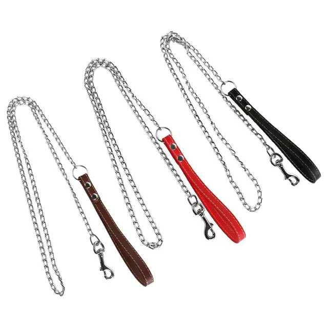 Heavy Duty Metal Chain Dog Lead With Leather Handle Long Strong Control Leash Outdoor Pet Traction Rope Anti Bite Chain Supplies Heavy Duty Metal Chain Dog Lead With Leather Handle Long Strong Control Leash Outdoor Pet Traction Rope Anti Bite Chain Supplies