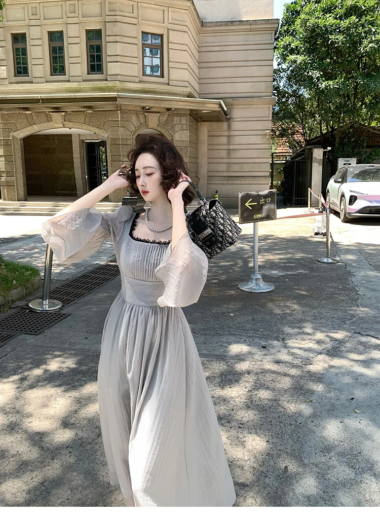 Autumn Princess Midi Dresses for Women Square Collar Flare Sleeve A-line Party Dress Slim Waist Korean One Piece Vestidos New