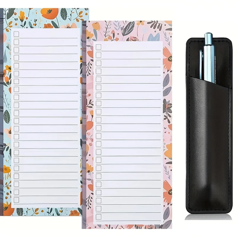 3 Pcs, 2 Magnetic Shopping List Pads and 1 Magnetic Pen Holder for Fridge and Planning (Pen not included)