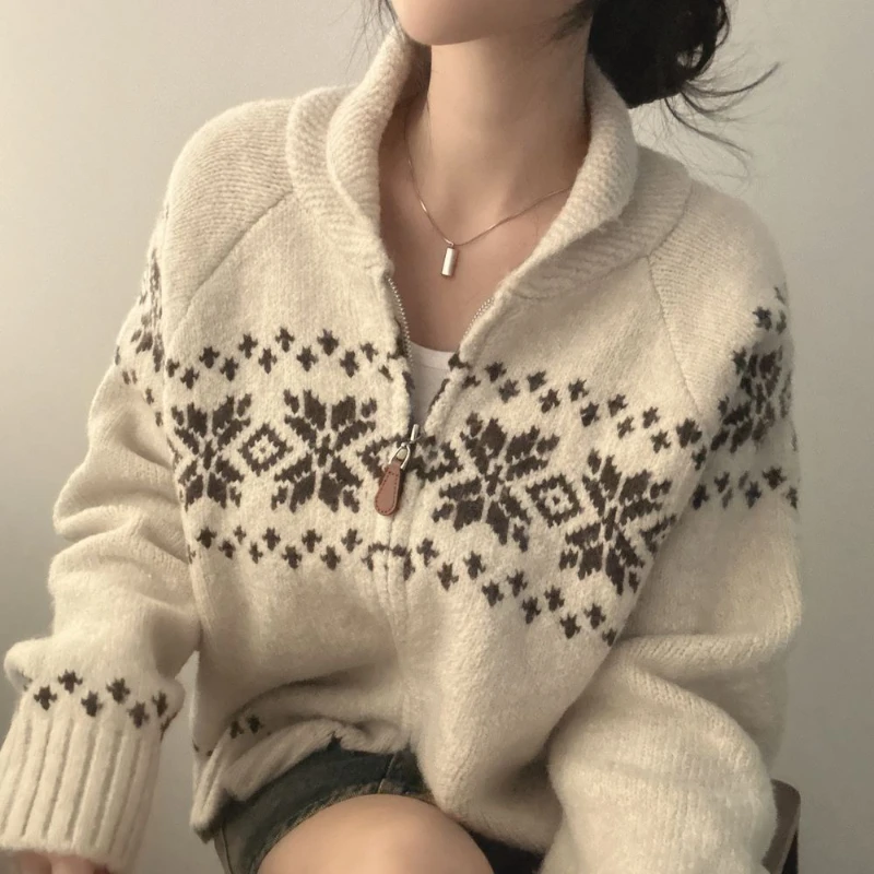Fashion Elegant Knitwear Long Sleeve Sweater New Autumn Winter Women Fall Korean Style Casual Knitted Top Zipper Lapel Jacket