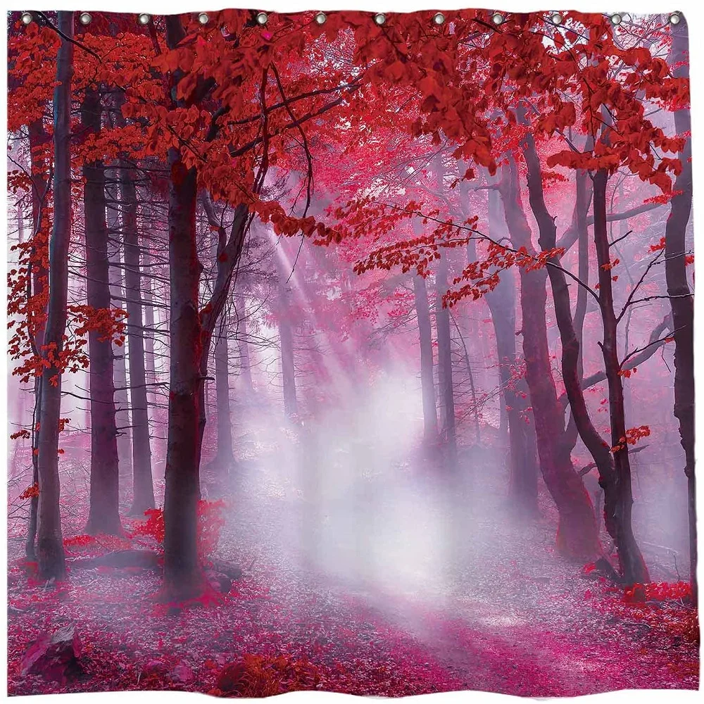 

utumn Scenery Shower Curtain Forest Red Maple Leaf Tree Plant Fallen Leaves Nature Landscape Bath Curtains Waterproof Screens