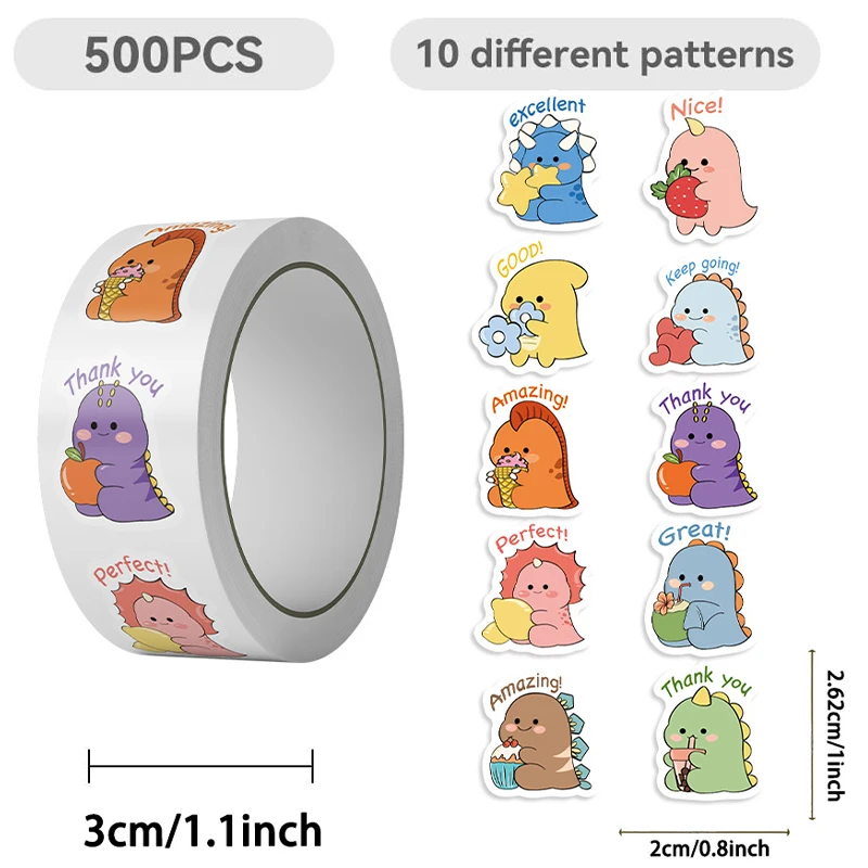 500PCS 공룡 동물 스티커 라운드 동물 보상 롤 스티커 학교 용품 인센티브 배변 훈련 스티커
