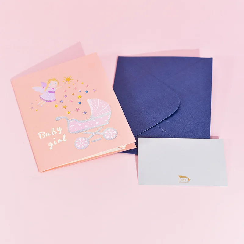 1st First Birthday Gift Card For Newborn 3D Baby Carriage Little Fairy Greeting Cards For Baby Shower Invitation Pink Blue